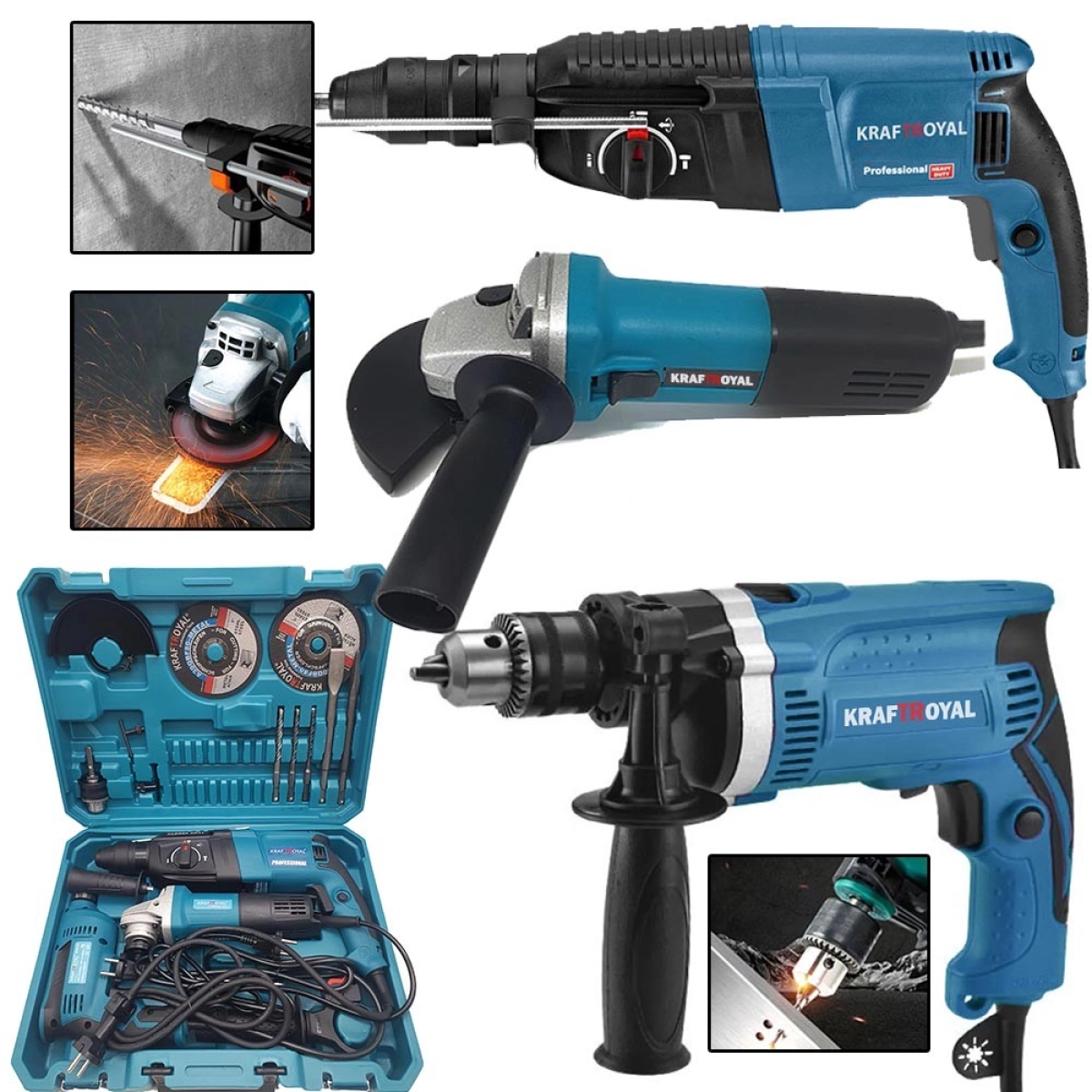 КрафтРоял комплект: перфоратор, ъглошлайф 125 мм и бормашина 1200W - KraftRoyal 3014