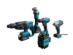 Професионален комплект: акумулаторен перфоратор, ъглошлайф, винтоверт, гайковерт и лазер 16 линии