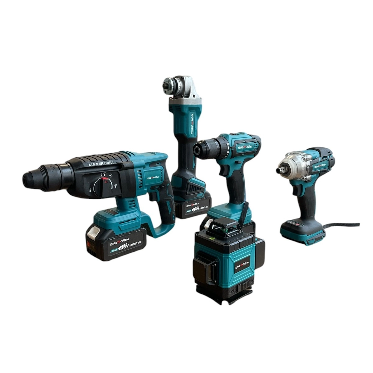 Професионален комплект: акумулаторен перфоратор, ъглошлайф, винтоверт, гайковерт и лазер 16 линии - KraftRoyal 1735-4