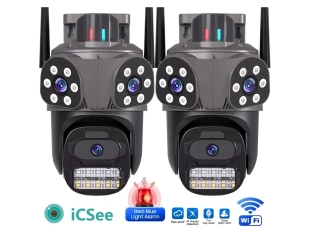 Двойка въртящи външни WiFi AI камери 10MP с три обектива, черни