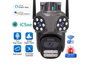 Външна WiFi камера с три обектива 10MP AI ICSee, черна
