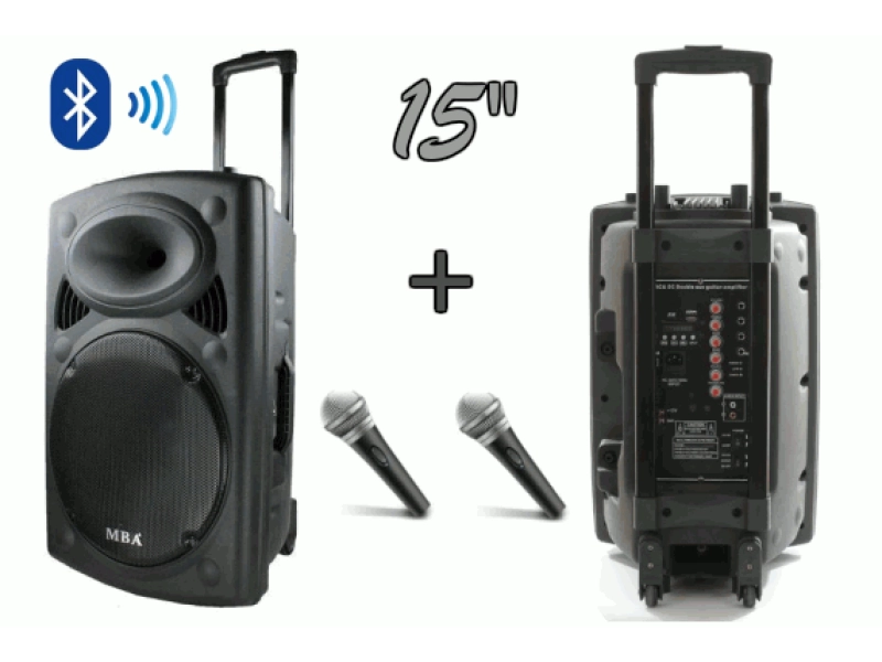 15" тонколона с вграден акумулатор, Bluetooth, МП3 плейър, безжични микрофони 2 бр. за караоке 15" тонколона с вграден акумулатор, Bluetooth, МП3 плейър, безжични микрофони 2 бр. за караоке - MBA 1190