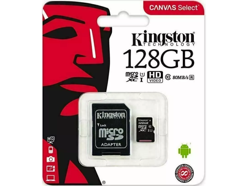 MicroSD Карта памет Kingston 128GB Class 10 + SD Адаптер MicroSD Карта памет Kingston 128GB Class 10 + SD Адаптер - Kingston 3068-128gb