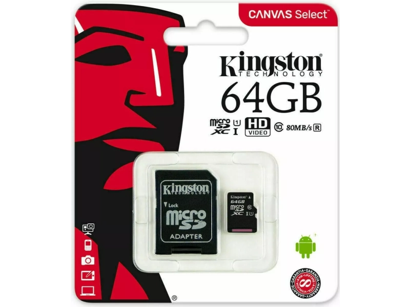 MicroSD Карта памет Kingston 64GB Class 10 + SD Адаптер MicroSD Карта памет Kingston 64GB Class 10 + SD Адаптер - Kingston 3068-64gb