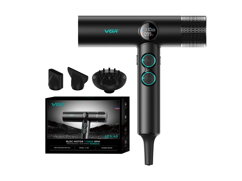 Професионален сешоар черен VGR-401 с отрицателни йони, BLDC мотор за бързо сушене с нисък шум, LED дисплей Професионален сешоар черен VGR-401 с отрицателни йони, BLDC мотор за бързо сушене с нисък шум, LED дисплей - VGR 3238-black