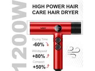 Професионален сешоар червен VGR-401 с отрицателни йони, BLDC мотор за бързо сушене с нисък шум, LED дисплей