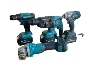 Комплект от акумулаторен перфоратор, ъглошлайф, гайковерт и винтоверт KrafMaster 36V с 3 броя батерии 8Ah и зарядно