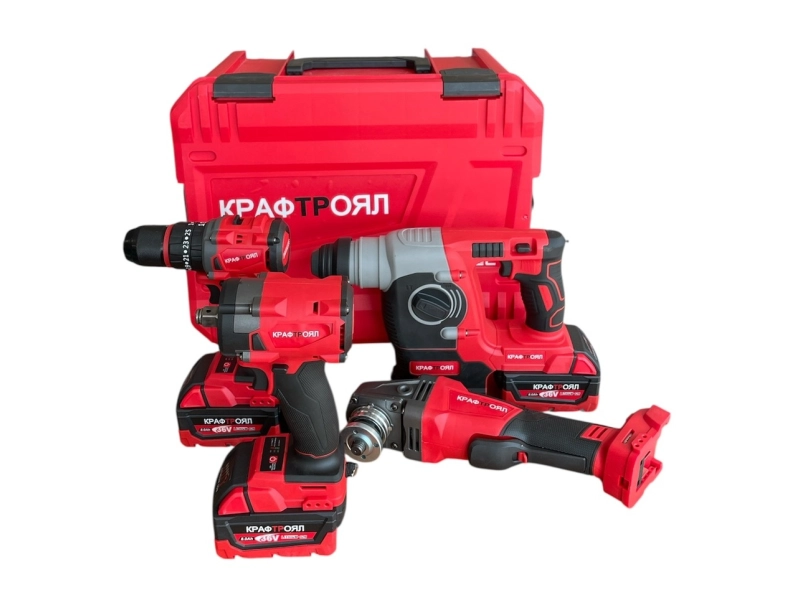 Комплект акумулаторен къртач, ъглошлайф, гайковерт и винтоверт с 3 броя батерии 36V 8Ah и зарядно KraftRoyal Комплект акумулаторен къртач, ъглошлайф, гайковерт и винтоверт с 3 броя батерии 36V 8Ah и зарядно KraftRoyal - KraftRoyal 3196